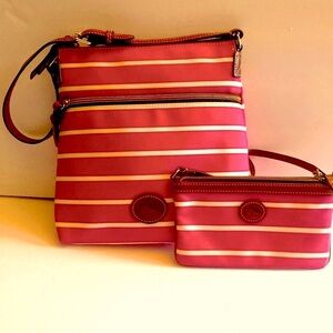 Dooney & Burke Pink and White Striped Handbag and Wristlet Set